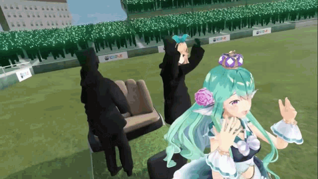 a girl with green hair and a crown stands in front of a crowd
