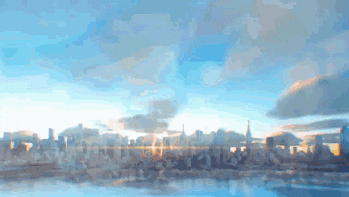 a painting of a city skyline with a blue sky in the background