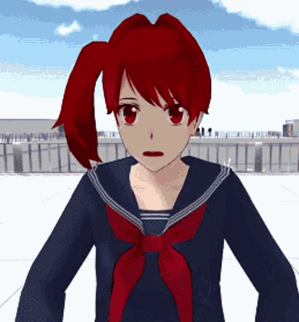 a girl with red hair and red eyes is wearing a sailor suit