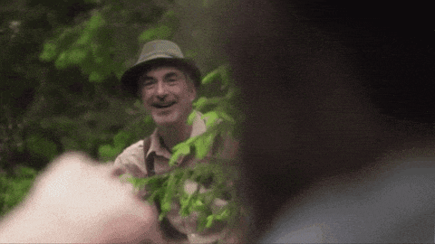 a man in a hat is smiling while standing in a forest