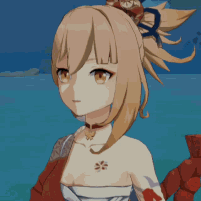 a close up of a girl 's face with a flower on her chest