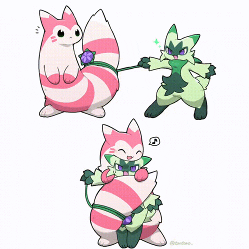 a drawing of a pink and white striped animal with green ears
