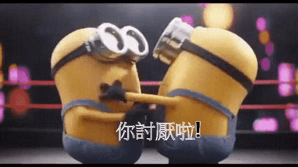 two minions are fighting in a boxing ring and one of them is wearing goggles .
