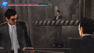 a man in a suit and tie is fighting another man in a video game that says " high kick "