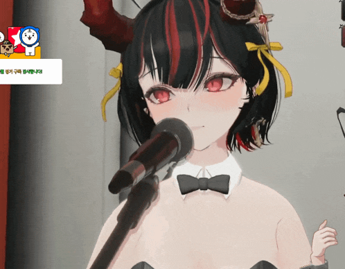 a girl with horns and red eyes singing into a microphone