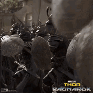 a group of soldiers are fighting each other in a movie called thor ragnarok .