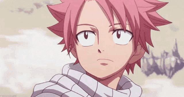 a close up of a anime character with pink hair and a scarf around his neck .