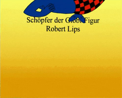 a yellow background with a blue fish and the words schopfer der grob figur robert lips