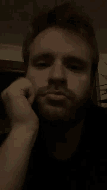 a man with a beard is making a funny face with his hand on his chin