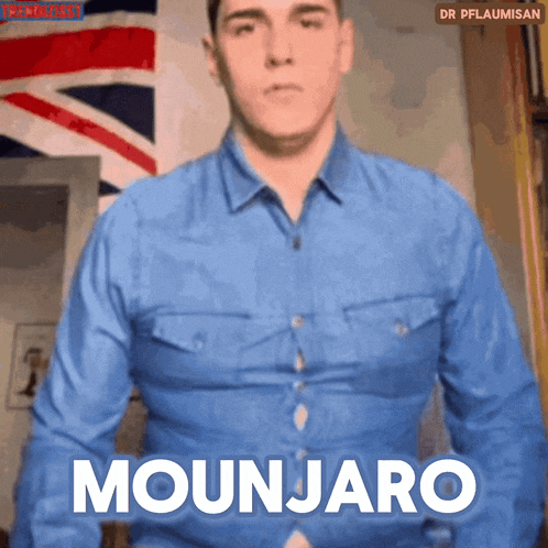 a man in a blue shirt says mounjaro