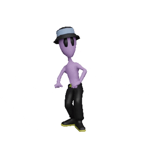 a purple cartoon character wearing black pants and a hat