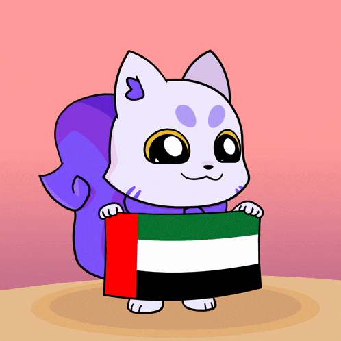 a cartoon cat is holding an uae flag in its paws