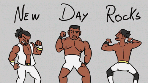 a cartoon of three men with the words " new day rocks " written above them
