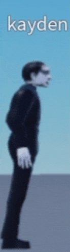 a man in a suit is standing in front of a blue sky with the name kayden written on the bottom