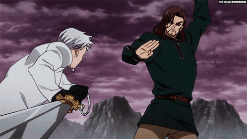 a man with a beard is standing next to another man with a sword and a purple sky behind them