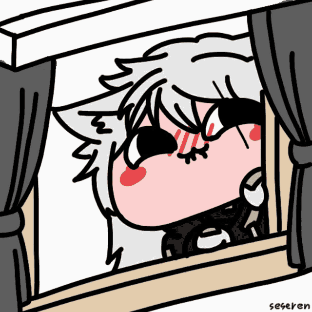 a drawing of a cat looking out of a window with the name seseren written below it