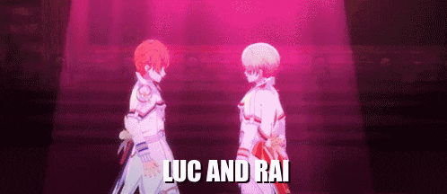 a couple of anime characters standing next to each other with the words luc and rai written above them