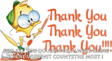 a cartoon bird is holding a pencil and says " thank you "