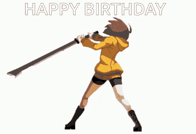 a cartoon of a girl holding a sword with the words happy birthday written above her