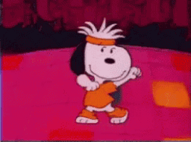 a cartoon of snoopy dancing on a pink stage