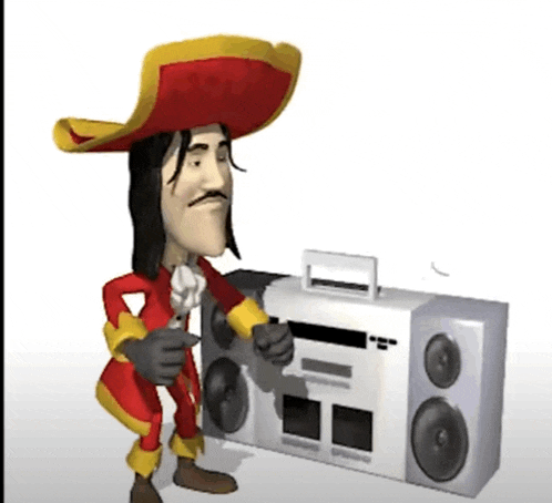 a cartoon character in a pirate outfit is holding a boom box