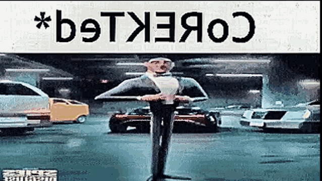 a man in a suit is standing in front of cars in a parking lot .