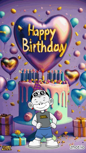 a cartoon character is standing in front of a birthday cake with a heart shaped balloon that says " happy birthday "