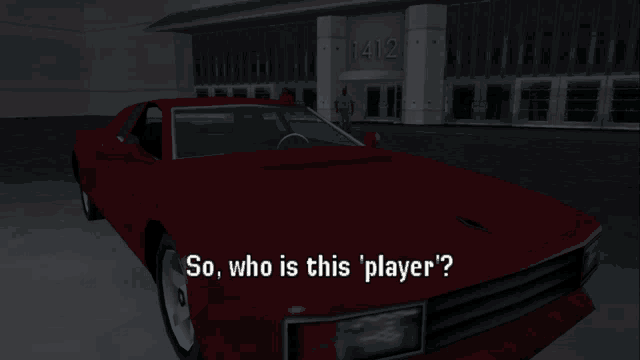 a red car is parked in front of 1412