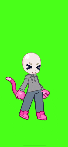 a cartoon character with a pink tail and a hoodie on a green screen .
