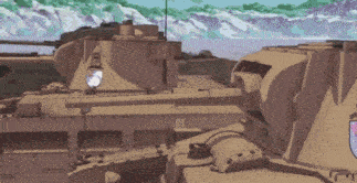 a cartoon drawing of a tank with a pink emblem on it