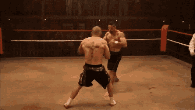 two men are fighting in a boxing ring and one of them has a tattoo on his back