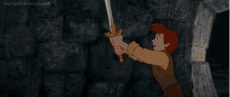 a cartoon character is holding a sword in a dark room .