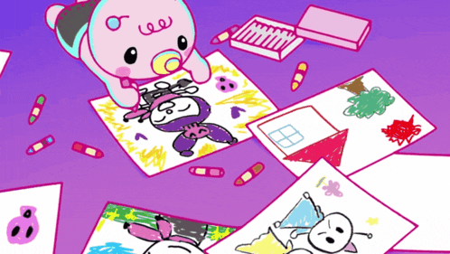 a cartoon of a baby laying on a table with drawings and crayons