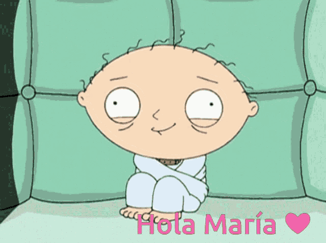a cartoon character is sitting on a green couch with the words hola maria in pink