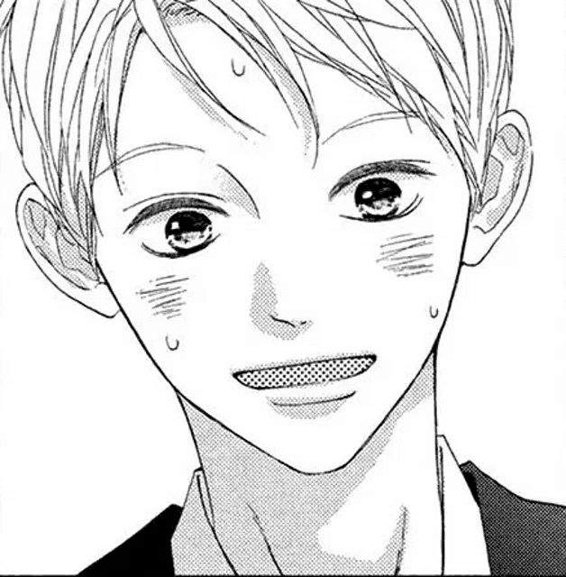 it is a black and white drawing of a boy 's face .
