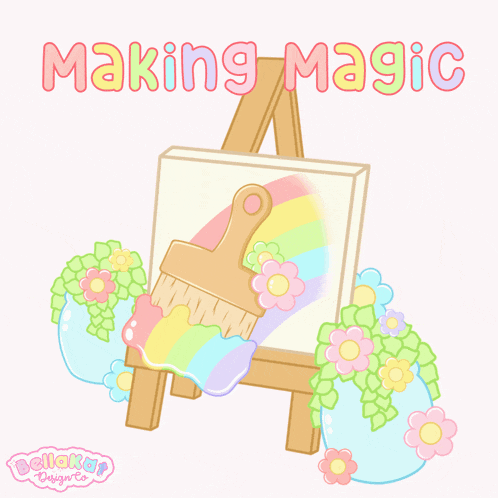 a drawing of an easel with a rainbow and the words " making magic "