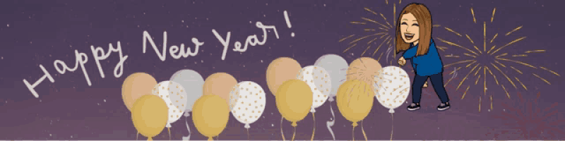 a cartoon of a woman standing in front of balloons with the words happy new year written above her