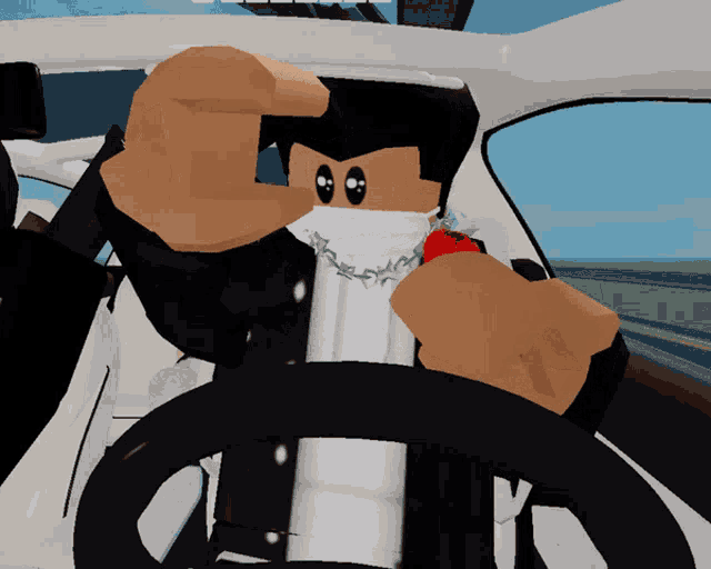 a cartoon character wearing a face mask is sitting in a car