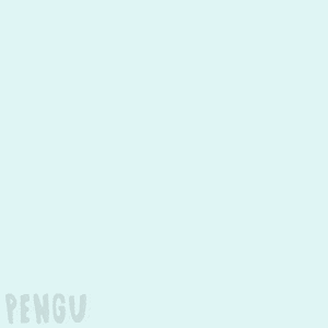 a penguin is sitting in a blue bucket with the word pengu on the bottom left