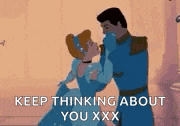 a cartoon of cinderella and prince charming dancing with the words `` keep thinking about you xxx '' written below them .