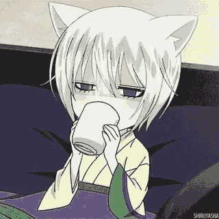a cartoon girl with cat ears is drinking from a cup