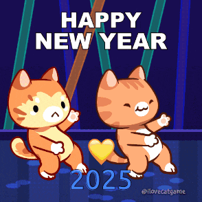 a happy new year greeting card with two cats and the year 2025