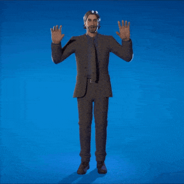 a man in a suit is dancing on a blue background