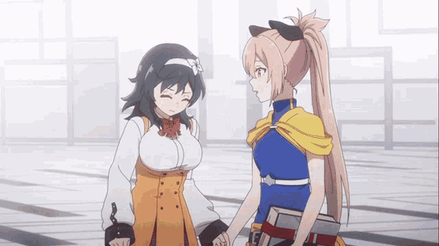 two anime girls are standing next to each other and one has a book in her hand