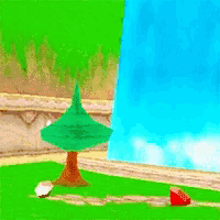 a cartoon scene with a tree and a waterfall