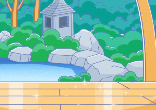 a cartoon drawing of a house in the middle of a forest with rocks and trees
