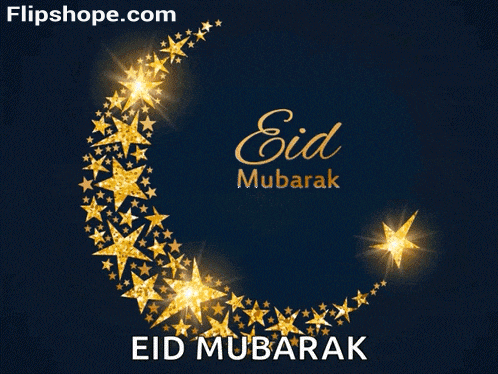 a greeting card for eid mubarak with a crescent moon surrounded by gold stars