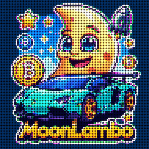 a pixel art illustration of a smiling moon in a car with the words moonlambo below it