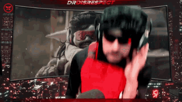 a man wearing sunglasses and headphones is standing in front of a screen that says drdisrespect