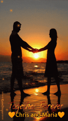 a couple holding hands on a beach with the words together forever chris and maria below them